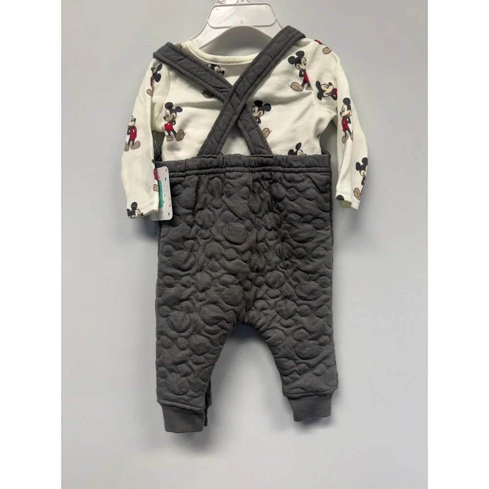 Disney Baby Mickey Mouse Quilted Overalls and Bodysuit Set Gray White 0-3M NEW